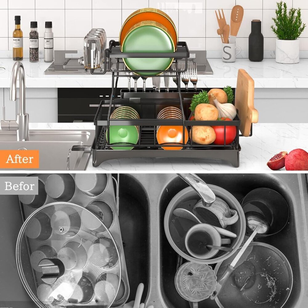 Dish Drying Rack, 2-Tier Dish Rack with Auto-Drain & Mat, Dish Racks for Kitchen - Picture 4 of 7